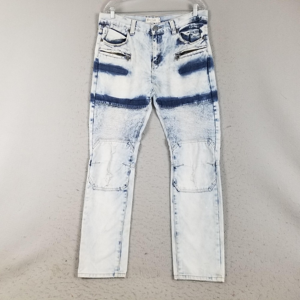 Blue‎ Cult Jeans Mens 34 White Indigo Moto Distressed Biker Denim Zipper Pockets